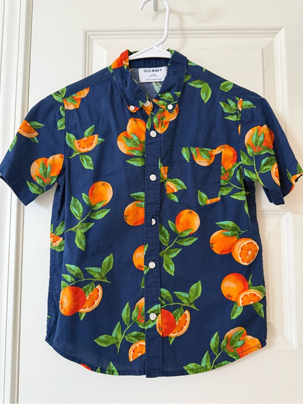 Old Navy Kids Navy Short-Sleeve Orange Print Shirt Button Down Shirt Size Medium